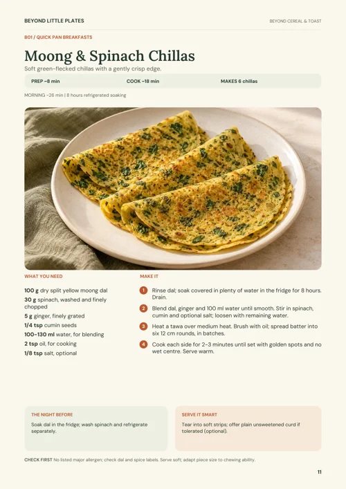 Complete recipe from Beyond Cereal & Toast: Moong & Spinach Chillas