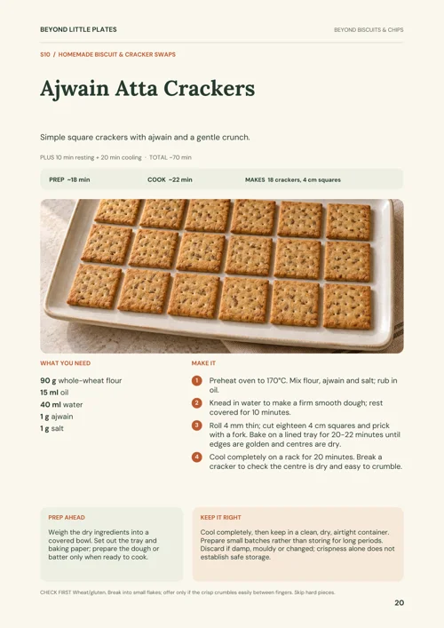 Complete recipe from Beyond Biscuits & Chips: Ajwain Atta Crackers
